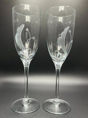 Flora Clear by Dansk Champagne Crystal Flutes Bayberry Toasting Glass Set of 2